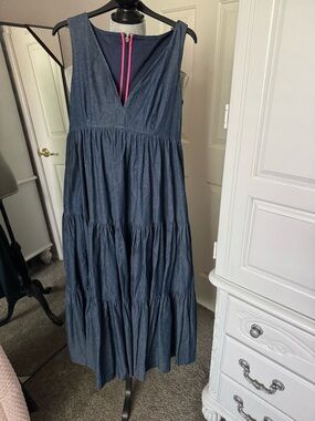 kate spade Navy Sleeveless Tiered V-Neck Maxi Dress with Pink Zip Detail